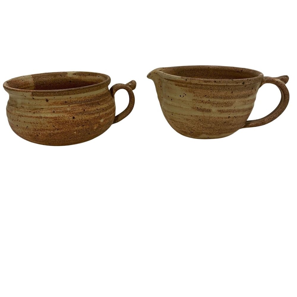 Hand Thrown Art Pottery Bowls Thumbprint Handles Spout Signed Lockie Set of 2
